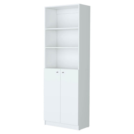 71" White Wood Three Tier Bookcase with Two Doors