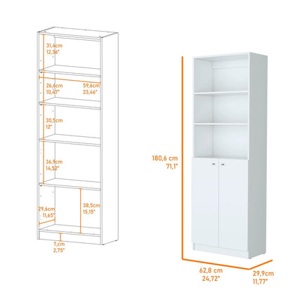 71" White Wood Three Tier Bookcase with Two Doors