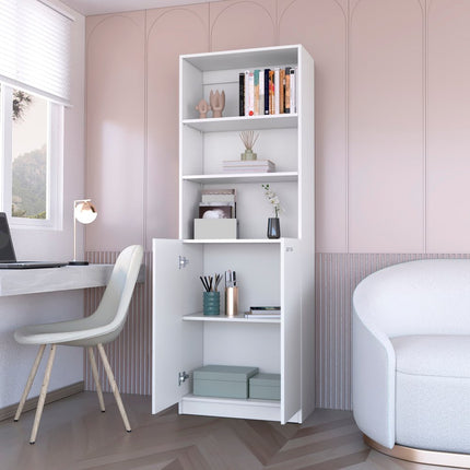 71" White Wood Three Tier Bookcase with Two Doors