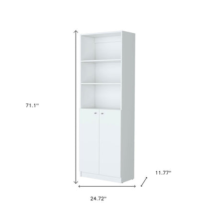 71" White Wood Three Tier Bookcase with Two Doors