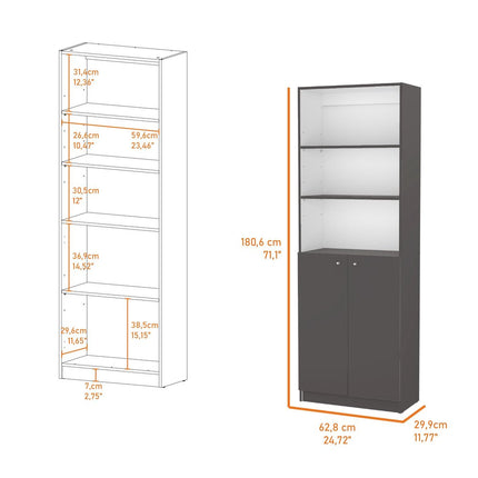 71" Gray And White Wood Three Tier Bookcase with Two Doors