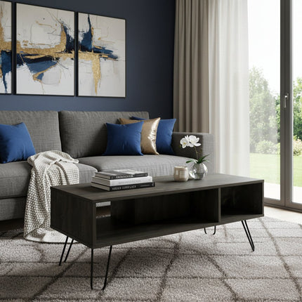 Set Of Two Black and Espresso Wood Coffee Table With Two Shelves