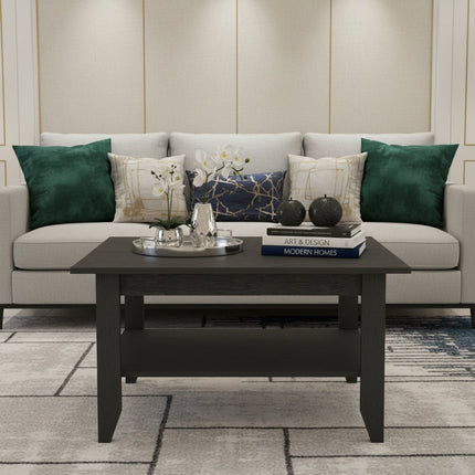 Set Of Two Black and Espresso Wood Coffee Table With Two Shelves