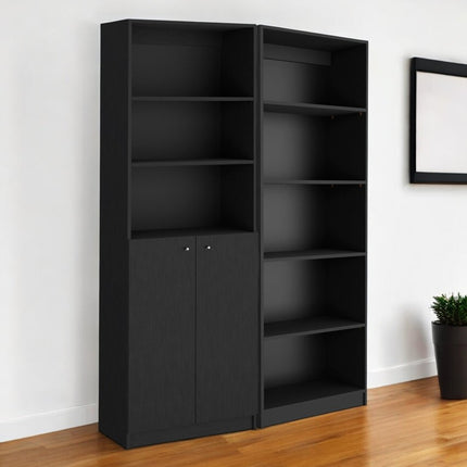 Set of Two 71" Black Five Tier Bookcase With Two Doors