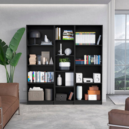 Set of Three Black Wood Five Tier Bookcase