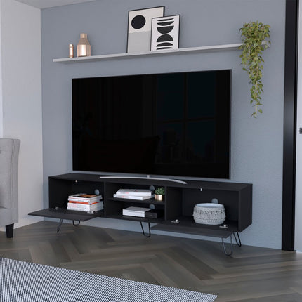 71" Black Wood Enclosed And Open Storage TV Stand