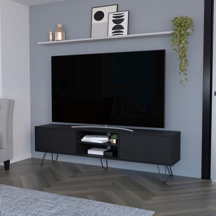 71" Black Wood Enclosed And Open Storage TV Stand