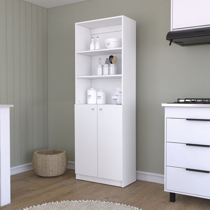 71" White Wood Three Tier Bookcase with Two Doors
