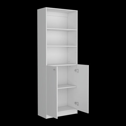 71" White Wood Three Tier Bookcase with Two Doors