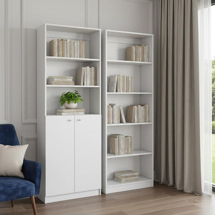 Set of Two White Wood Five Tier Modular Bookcase with Two Doors