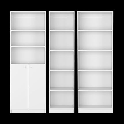 Set of Three White Wood Five Tier Modular Bookcase with Two Doors