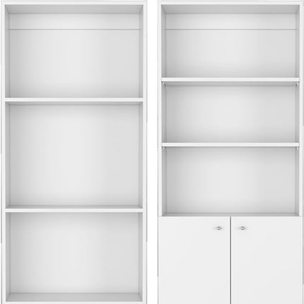 Set of Two White Wood Seven Tier Modular Bookcase with Two Doors
