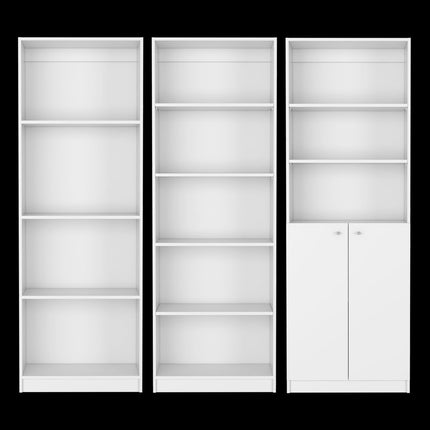 Set of Three White Wood Twelve Tier Modular Bookcase with Two Doors