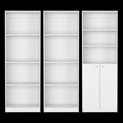 Set of Three White Wood Eleven Tier Modular Bookcase with Two Doors