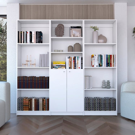 Set of Three White Wood Eleven Tier Modular Bookcase with Two Doors