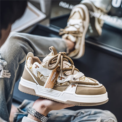 Men's Versatile Street Style Skateboot Shoes - Casual Fashion Sneakers in Red & White with Abstract Pattern,