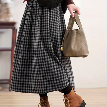 Winter Vintage Plaid Skirt for Women, Casual High-Waisted Thick Mid-Length Winter Dress.