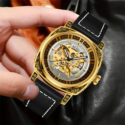 Men'S Luxury Vintage Automatic Mechanical Watch with Golden Hollow Carved Skeleton Dial,