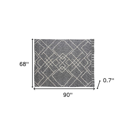 Charcoal and Off White Geometric Twin Cotton Coverlet With Fringe