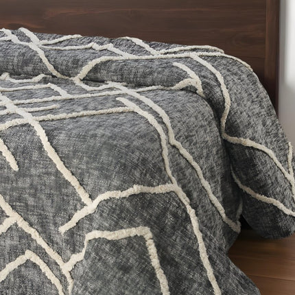Charcoal and Off White Geometric Twin Cotton Coverlet With Fringe