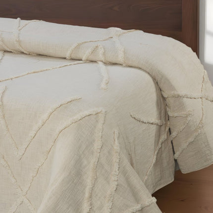 Ivory Geometric Twin Cotton Coverlet With Fringe