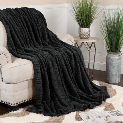 Twin Black Geometric Fleece Woven Plush Blanket