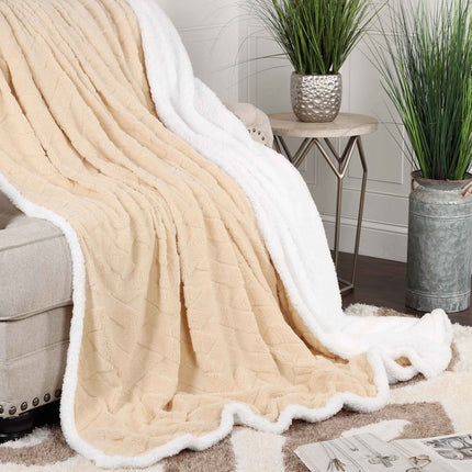 Queen Cream Geometric Fleece Woven Plush Blanket