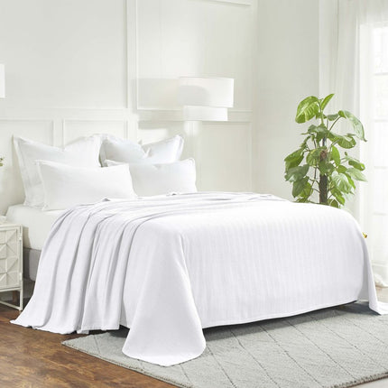 Queen White Cotton Woven Chevron Blanket