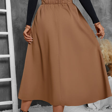 Solid Ruffle Hem Skirt, Elegant Patched Pocket Elastic Waist Loose Midi Skirt For Fall & Winter, Women's Clothing