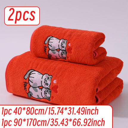 2pcs Cartoon Cat Embroidery Towel Set, Super Absorbent Coral Fleece, Soft & Comfortable