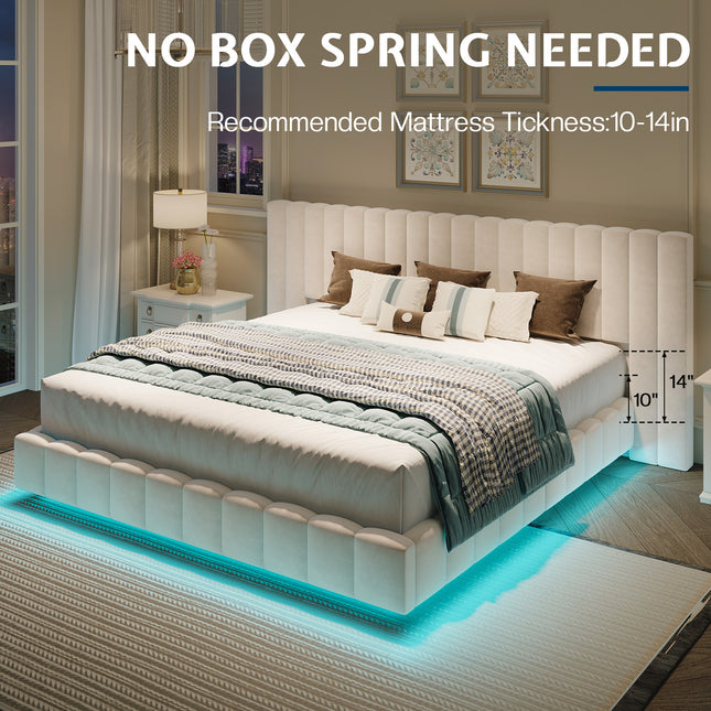 Bed Frame with Wide Headboard, Floating Platform, RGB LED Lights,