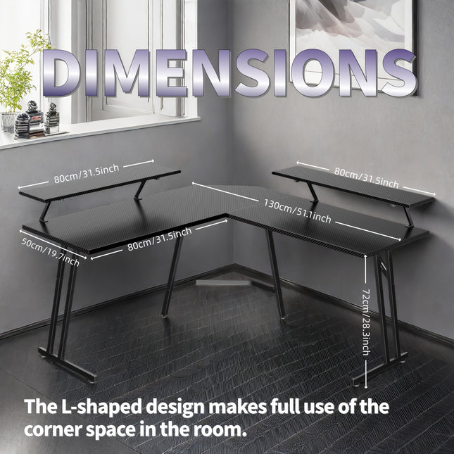 L-Shaped Gaming Desk with Carbon Fiber Surface, Dual Monitor Stands & LED