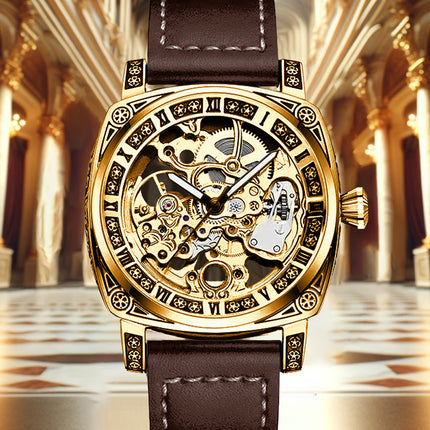 1pc Men's Roman Numeral Mechanical Watch - Automatic Winding Luxury Dress Watch with Golden-Tone