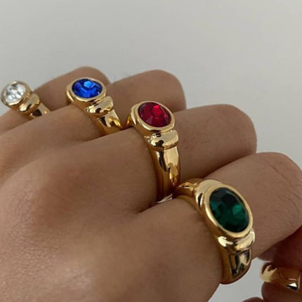 Multi-color Zircon Ring With Titanium Steel And Gold Plating