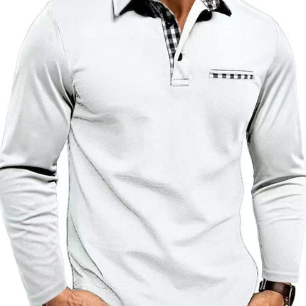 Casual Plaid Splicing Lapel Polo Shirt Fashion Solid Color Long Sleeve Top Men's Clothing