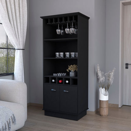 70" Black Wood Bar Cabinet With Two Doors