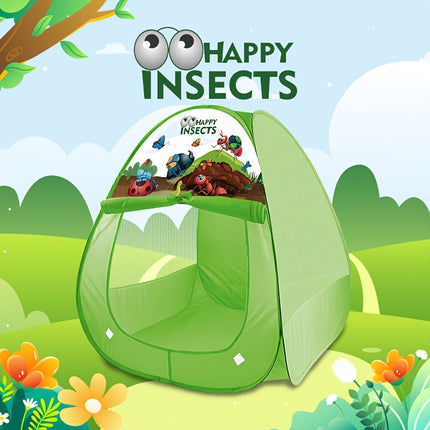 A Geometric Puzzle Tent Shaped Like a Triangle, Featuring a Design with Green Grass And Insects. It Is Washable, Foldable, And Made with a Steel Frame And Polyester Fabric, Suitable for Both Boys And Girls.