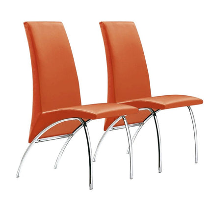 Set of Two Orange And Silver Upholstered Faux Leather Dining Side Chairs
