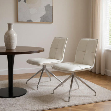 Set of Two White and Silver Faux Leather Swivel Dining Side Chairs