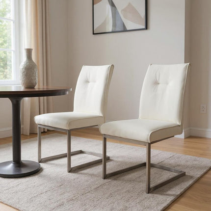 Set of Two White Gray and Silver Faux Leather Dining Side Chairs