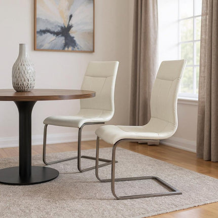 Set of Two White and Silver Faux Leather Dining Side Chairs