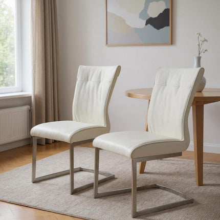 Set of Two White and Silver Faux Leather Dining Side Chairs