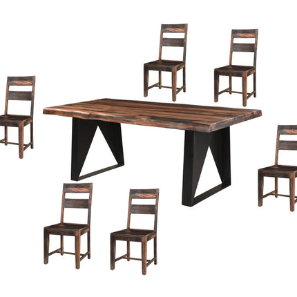 Seven Piece Brown and Black Solid Wood Dining Set with Six Chairs