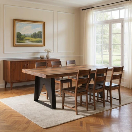 Seven Piece Brown and Black Solid Wood Dining Set with Six Chairs