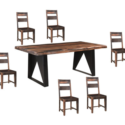 Seven Piece Brown and Black Solid Wood Dining Set with Six Chairs