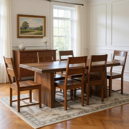 Seven Piece Brown Solid Wood Dining Set with Six Chairs