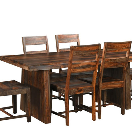 Seven Piece Brown Solid Wood Dining Set with Six Chairs