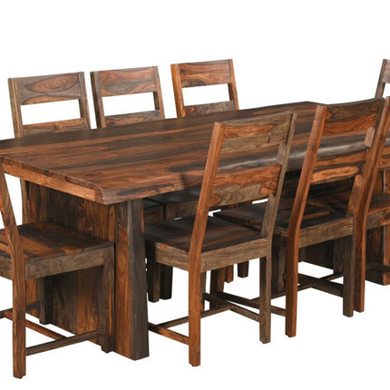 Nine Piece Brown Solid Wood Dining Set with Eight Chairs