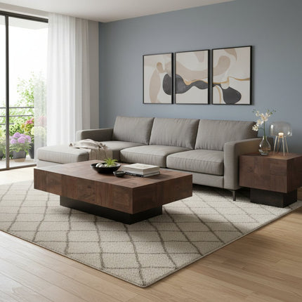 Set Of Two Natural and Brown Solid Wood Block Coffee Table