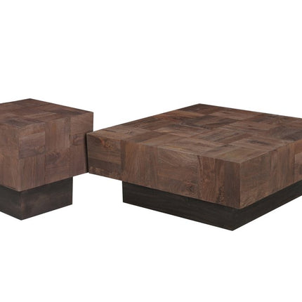 Set Of Two Natural and Brown Solid Wood Square Block Coffee Table
